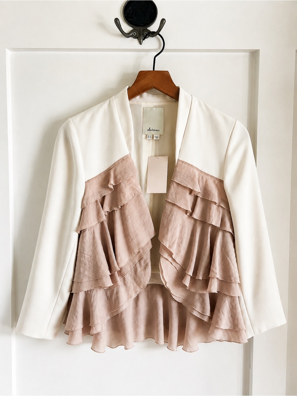 Elevenses Blush Ruffle Open Front Jacket | Romantic Layered Cropped Blazer |